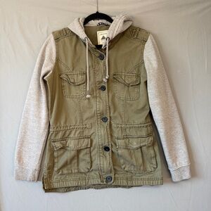 Womens Olive Canvas Utility Jacket Grey Knit Sleeves/Hood M Pockets READ Outdoor
